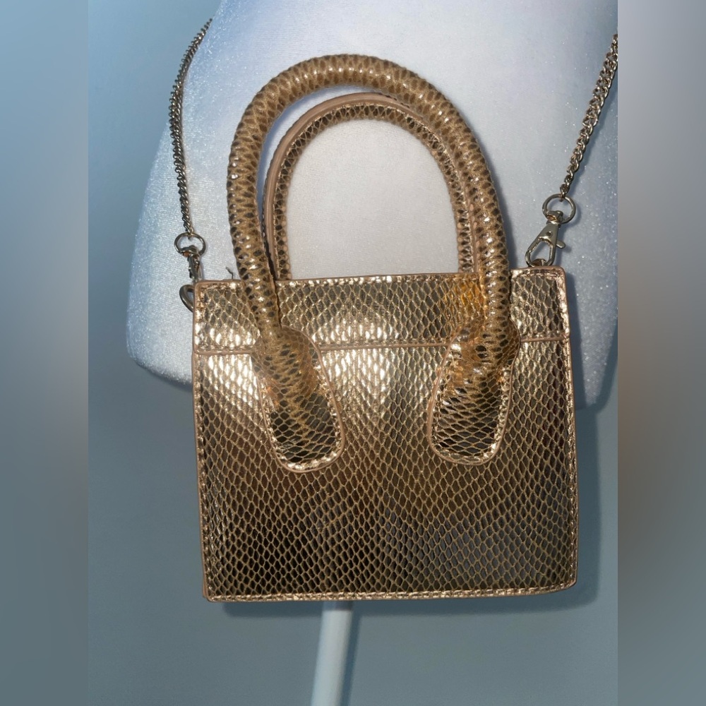 Gold-toned Mini Crossbody Tote Bag with a Snakeskin Pattern and Chain Strap